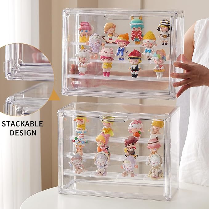 3 Tiers Clear Acrylic Display Case, Plastic Storage Bins with 2 Adjustable Divider and Magnetic Door,Stackable Display Box for Figures Showcase (XLarge -with 3 partition plate-2pack)