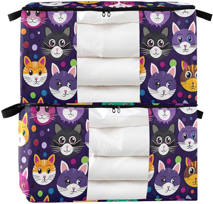Generic Cute Cat Purple Clothes Storage Bag Bins 2 Pack Foldable Storage Containers Large Closet Organizer with Zipper Quilt Bag for Bed Sheets Comforters Clothing 60L, g355896691p976c1037s2357