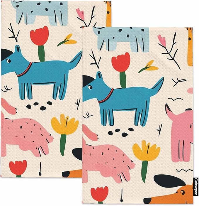 Crayon Dog Waffle Kitchen Dish Cloths Cute Colorful Dogs Ultra Soft Absorbent Quick Drying Dish Towels 16 X 24 Inches Set of 2