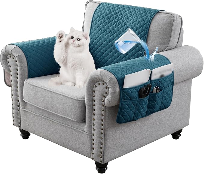 Water-Resistant Sofa Armrest and Headrest Covers with Side Pocket | Keep remotes close quilted polyester helps guard against wear, pet scratches, and kids' messes silicone backing adds grip
