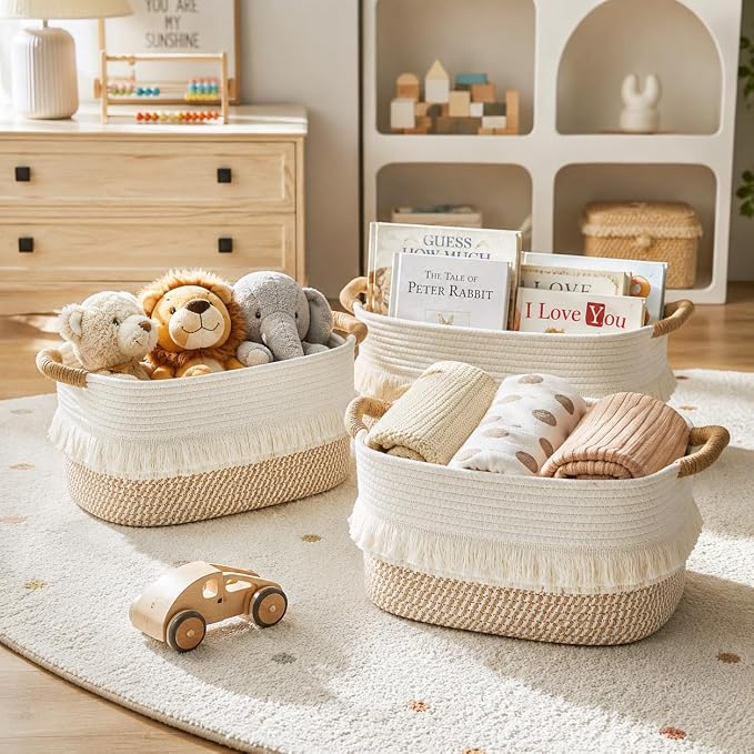 Storage Basket, Woven Baskets for Shelves, White/Brown | 3 Pack Boho Cotton Rope Storage Baskets, 14" x 9" x 8", Home Organizer for Nursery, Holds Toys, Books & Towels