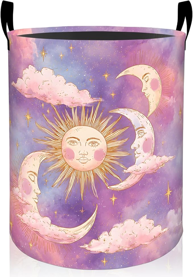 Sun and Moon Laundry Basket, Cloud Star Sky Purple Pink Oxford Cloth Dirty Clothes Collapsible Hamper for Room Decor, Celestial Gifts, Toy Organizer 19.7 x 15.7 Inches for Bedroom Bathroom Dorm
