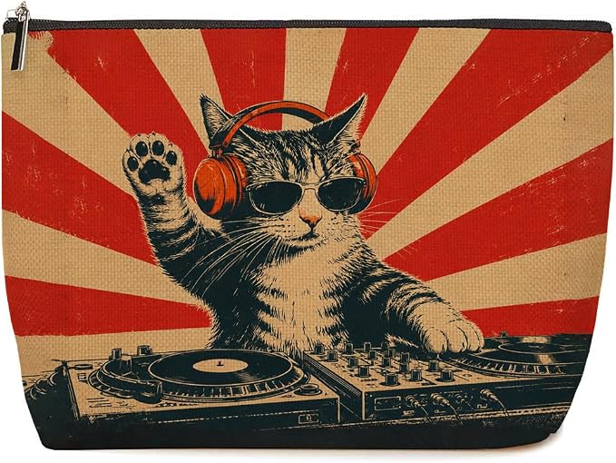 Cool DJ Cat Makeup Bag Funny Cat Headphones Cosmetic Bag Gifts for Women | Cool Durable Travel Organizer Pouch for Women, Outdoor Portable Toiletry Bag, Stylish Cat Lovers Gift