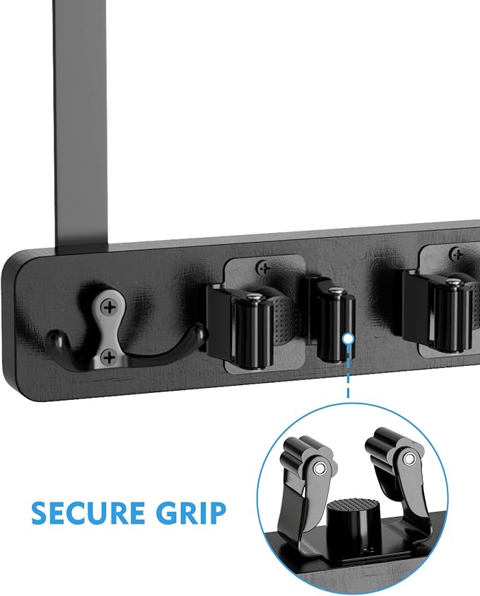 BS-VOG Over the Door Broom and Mop Holder, Broom Hanger, 4 Slots & 4 Hooks | Wooden Broom Holder Door Mount, No Drilling Required, EVA Door Protection Pads, Closet Garage Laundry Use, Black
