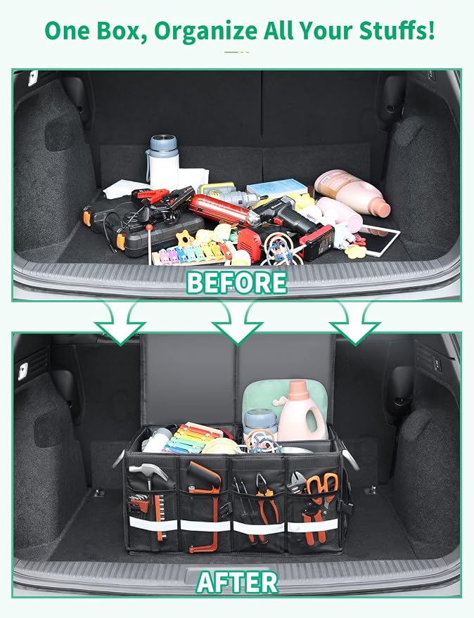 Oasser Trunk Organizer with Sturdy Hard Lid, Large, Black | Aluminium Alloy Handle, supports up to 110lb load, 1680D Splash-Resistant Material, Reflective Strip, Anti-slip bottom