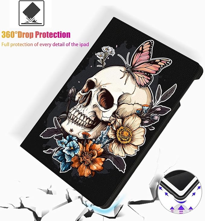 for Microsoft Surface Go 4/3/2/1-10.5" 2021 Tablet Case,Auto Wake/Sleep,Adjustable Stand Protective Cover - Skull Butterfly Flower