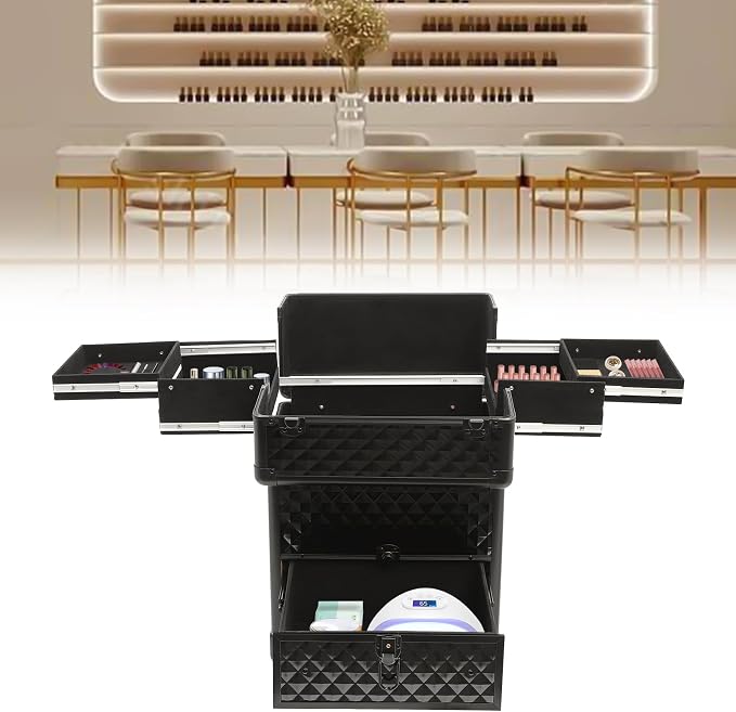 Rolling Makeup Case, Storage Sliding Drawer 4 Tray Makeup Travel Case Professional Cosmetic Trolley Large Storage with 3 Keys Salon Barber Case Traveling Cart Trunk for Hairstylists Nail Tech (Black)