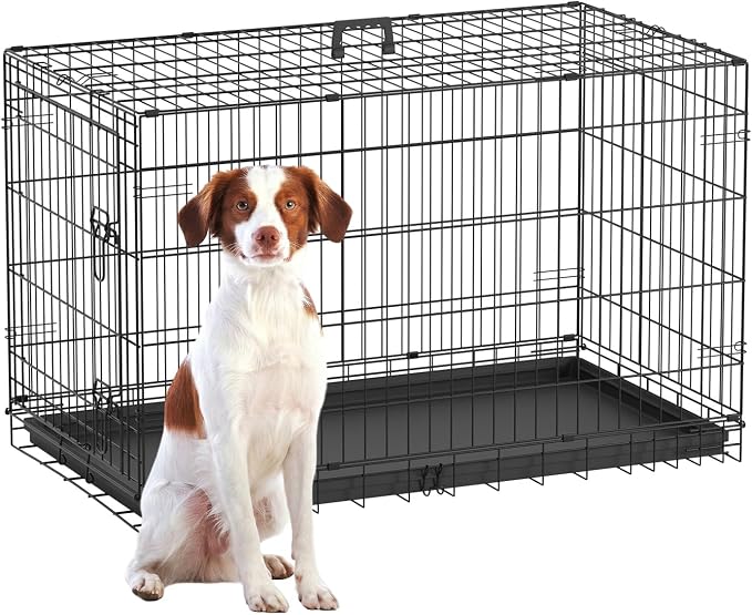 FDW Dog Crate 42-Inch Dog Cage Single Door Foldable Metal Kennel with Leakproof Tray Foldable Design Indoor Outdoor Use for Large Dogs,Dark Black