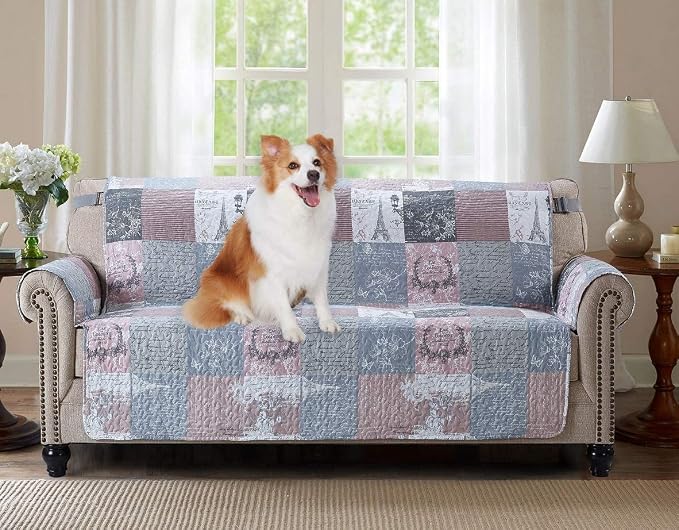 Brilliant Sunshine Latte Grey Paris & Toile Patchwork Couch Cover, 70" seat | Quilted Sofa Cover, Living Room & Bedroom Furniture Protector, Large Washable Slipcover for Pets, Dogs & Cats
