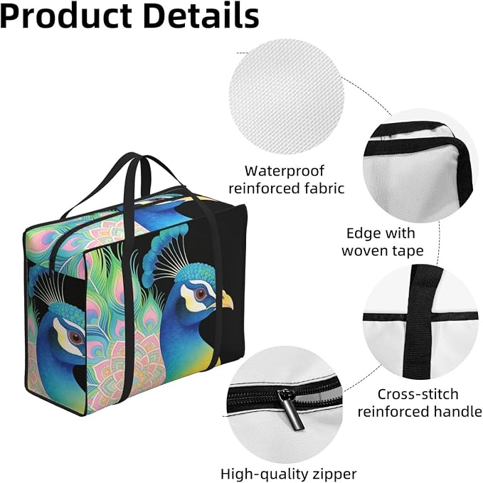 Oxford Fabric Reusable Laundry Bag Peacock With Pink Floral Whimsical Print, Heavy Duty Foldable Storage Tote with Carry Handles for Clothes and Linens