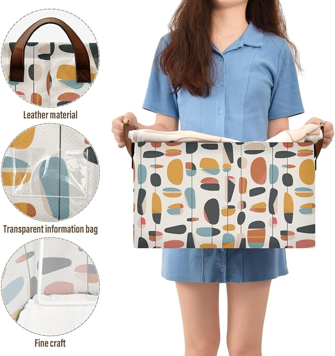 Geometric Mid Century Modern Storage Bins for Shelves with Labels&Handles Fabric Organizer Bin Foldable Rectangle Storage Basket Boxes for Closet, Bathroom, Home, Living Room