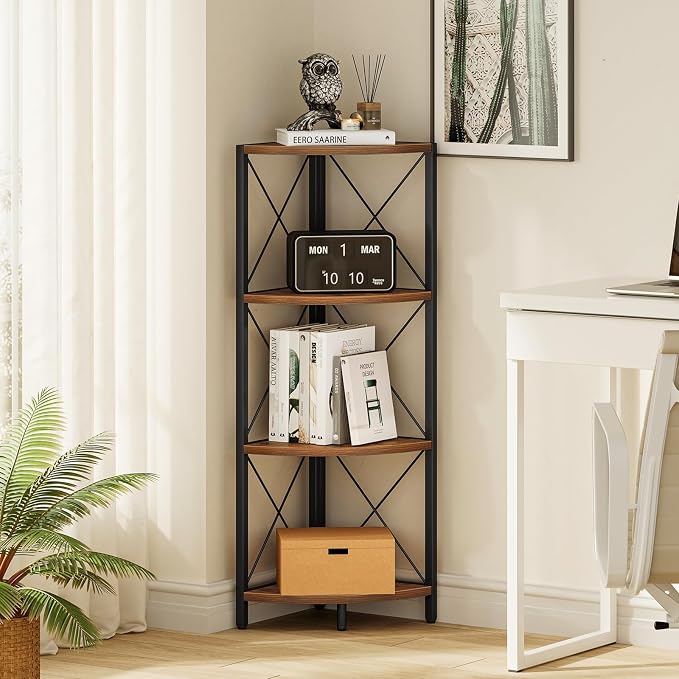 Snughome Rustic Corner Shelf Stand for Desktop, 4 Tier Corner Storage Plant Shelf, Freestanding Corner Shelf Display Rack, Multi-Unit Organizer for Living Room, Home Office, Small Space，Rustic Brown