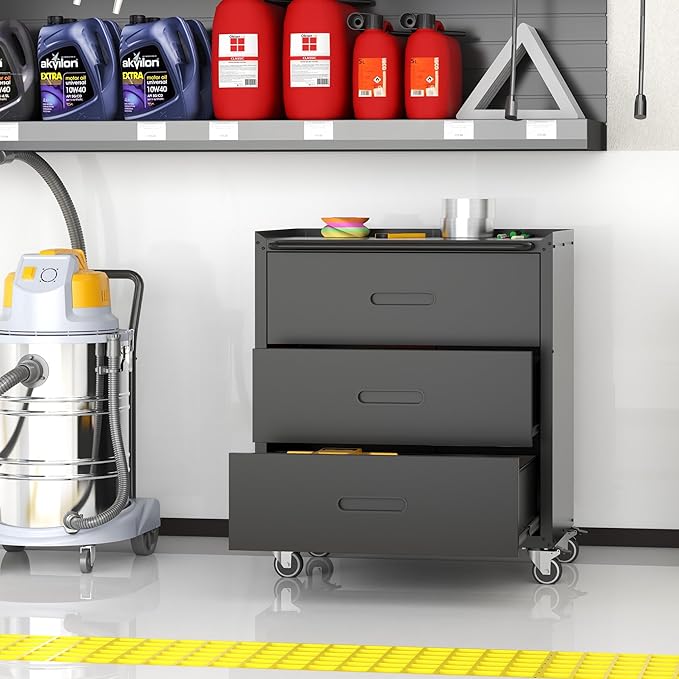 Metal Storage Cabinet for Garage, Tool Cabinet, Utility Cabinet | Wheeled, Rolling Tool Cabinet, 3 Drawer, Top Countertop, Assembly Required, Black