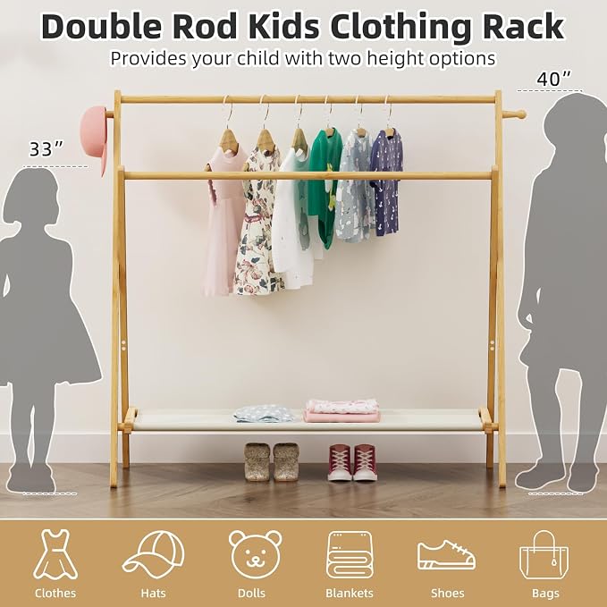 BAMBOOHOMIE Kids Clothing Rack With Storage Shelf & Double Rods, Foldable Dress Up Clothes Rack for Toddler Nursery, Child's Room, 100% Natural Bamboo (Large Size)