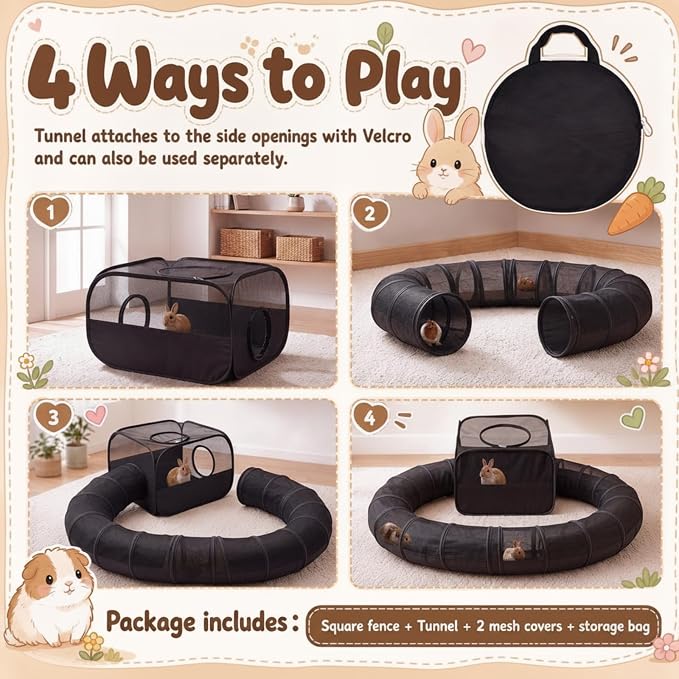 Lewtemi Guinea Pig Playpen with Tunnel 27.5x27.5x16.5 Inch, Breathable Mesh Rabbit Playpen for Bunny Hamster Ferret Chinchilla, Foldable Small Animal Enclosure Indoor Outdoor with Carry Bag, Black