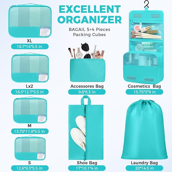 BAGAIL 9 Set Packing Cubes with Packing List Luggage Packing Organizers for Travel Accessories (Blue Green)