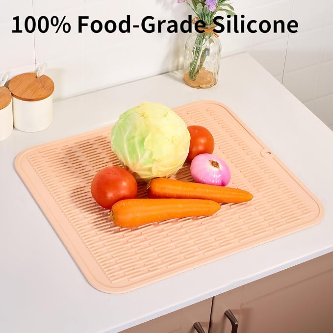 ZLR Oversized Silicone Dish Drying Mat for Kitchen, 16"x18", Peach Pink | Family-Size Drainboard for Pots & Pans, Thick 4mm No-Curl, Heat-Resistant Trivet to 450°F, Non-Slip, Rolls to Store