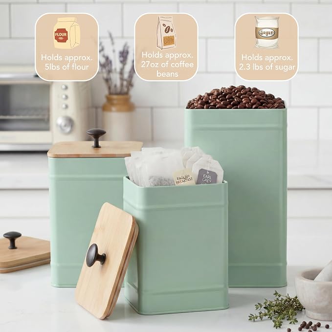 PERFNIQUE Kitchen Canisters for Countertop Set of 3, Airtight Canisters Sets for Kitchen Counter with Lid, Metal Farmhouse Food Storage Containers Jars for Flour Sugar Coffee Tea Spice (Sage Green)