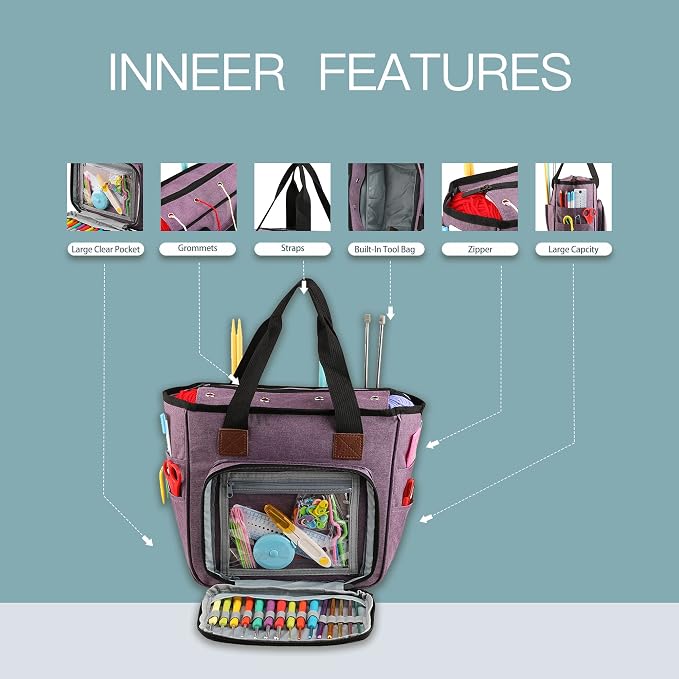 Yarn Knitting Storage Tote-Large Capacity Crochet Organizer Portable Travel Bag with Shoulder Strap Crochet Hooks Case for Unfinished Bulk Project Purple