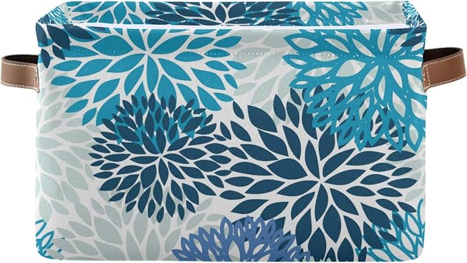 susiyo Large Foldable Storage Bin Blue Navy Chrysanthemum Flowers Fabric Storage Baskets Collapsible Decorative Baskets Organizing Basket Bin with PU Handles for Shelves Home Closet Bedroom-1Pack
