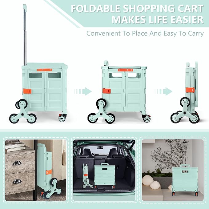 Foldable Utility Cart with Stair Climbing Wheels,Collapsible Rolling Crate with Magnetic Lid Telescopic Cover,Telescoping Handle,360° Rotate Wheel Hand Cart for Teacher Shopping Moving Grocery(Green)
