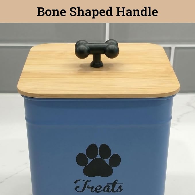 Dog Treat Container Airtight, 6"W x 8"H, Powder Coated, 12 Cup Capacity | Fits All Popular Treats, 12 Cup Capacity, Airtight Bamboo Lid, Easy Open Lid, Dent-Resistant Durable Metal Bone-Shaped Handle