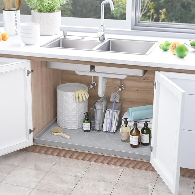 Waterproof Under Sink Mat 22" x 22" Silicone Mat Cabinet Protector | Heavy Duty Kitchen Cabinet Liner, Easy Press Drain, Home Essentials for Pet Feeding, Boots, Bathroom, Organizers & Storage