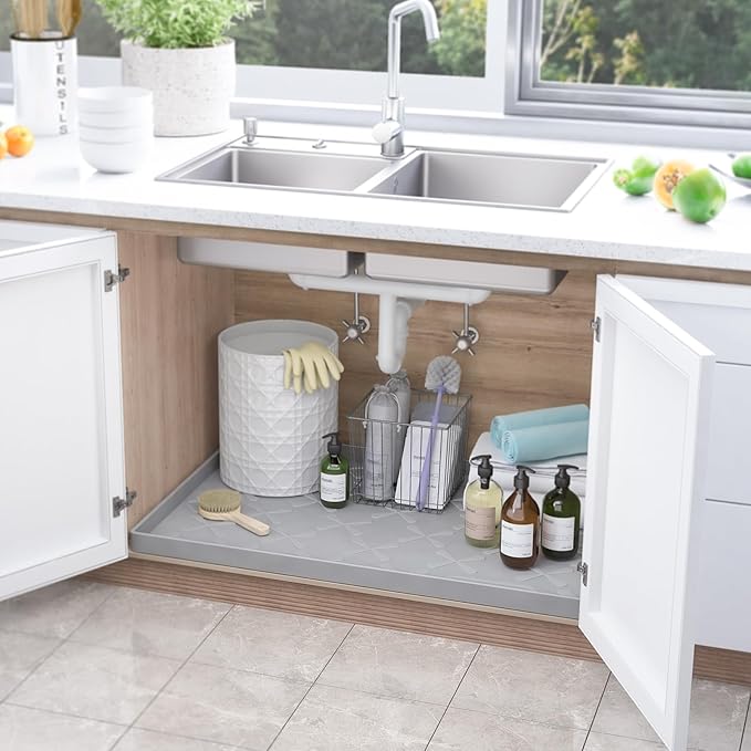 Waterproof Under Sink Mat 37" x 22" Silicone Mat Cabinet Protector | Heavy Duty Deep Drip Tray, Extra Thick Non Slip Liner for Kitchen & Bathroom, Pets, Organizer, Storage, Boots, Home Essential
