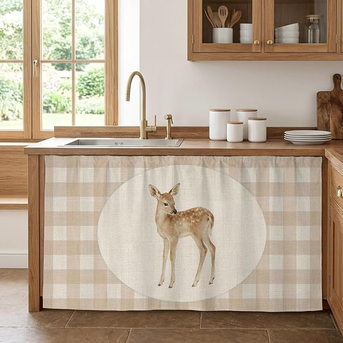 Resting Fawn Sink Skirt for Bathroom, Self-Adhesive Under Sink Curtain, Retro Natural Animals Farmhouse Plaid Hide Pipes & Storage Fabric Cabinet Skirt Cover for Kitchen Laundry 32"x55"