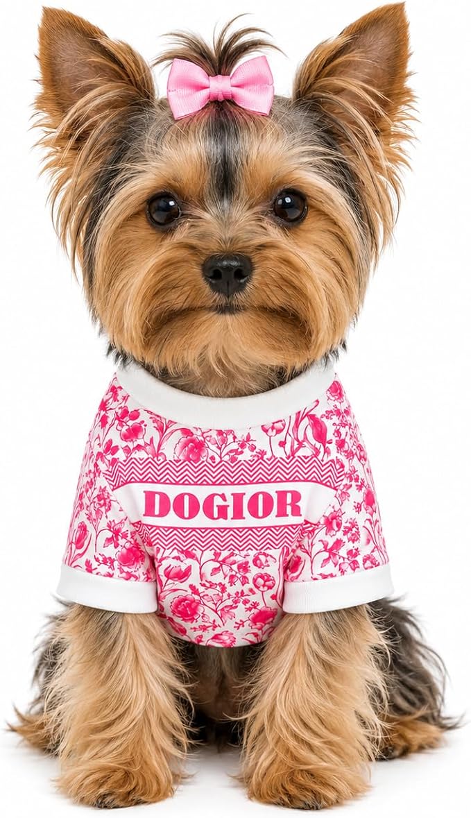 Luxury Designer Dog T Shirt – Trendy Puppy Clothes for Small Dogs, Fashion Pet Tee for French Bulldogs & Chihuahuas, Everything Chic Dog Apparel (PinkDOGIOR, Medium)
