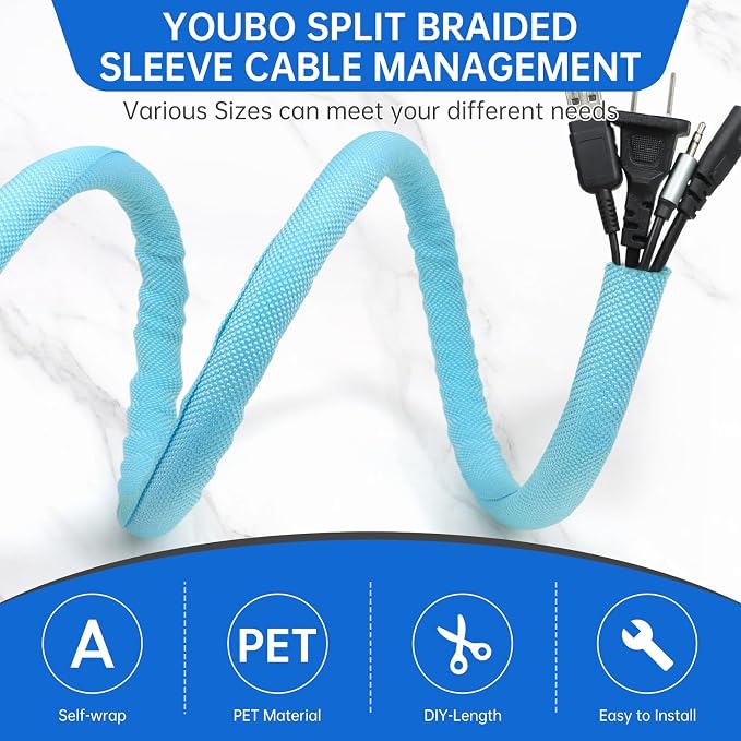 Split Braided Cable Sleeve，Flexible Wire Loom Tubing, Automotive Cord Protector Pet Proof, Cable Management for Computer TV Electric Wires Harness 16ft (Sky Blue, 8mm（5/16")