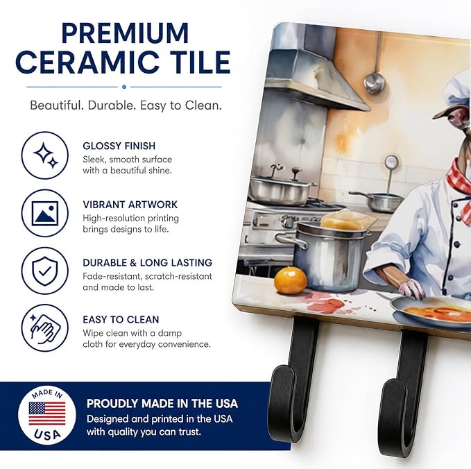 Caroline's Treasures Italian Greyhound The Chef Leash or Key Holder Wall Hooks, Key Hooks Holder, Coat Rack Wall Mount, Coat Hooks, Hooks for Hanging Keys, Towels, Aprons, Leashes | Italian Greyhound The Chef artwork on ceramic tile with three steel ho...