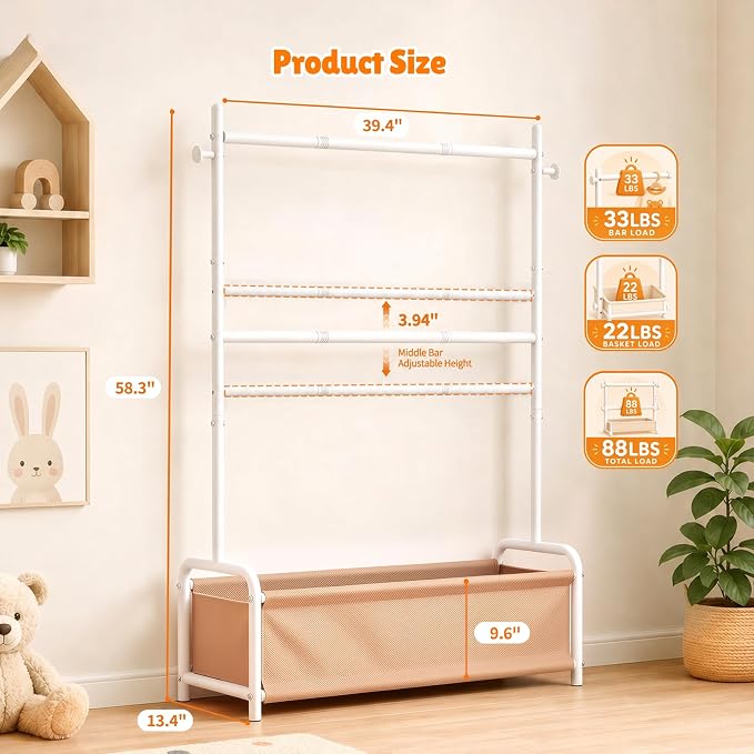 Kids Clothes Rack with Double Rod Height Adjustable Clothing Rack White | Storage Basket & Hooks, Height Adjustable Kids Clothes Rack, Portable Baby Dress Up Garment Rack for Princess Dresses