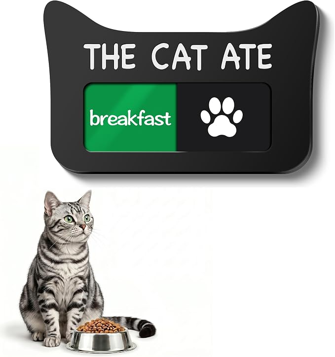 Cat Feeding Reminder Sign, Magnetic Pet Fed Schedule Chart with Slider, Breakfast & Dinner Tracker for Fridge, Prevent Overfeeding, Unique Cat Ear Shape Acrylic Sign, 4.7" x 3", Black