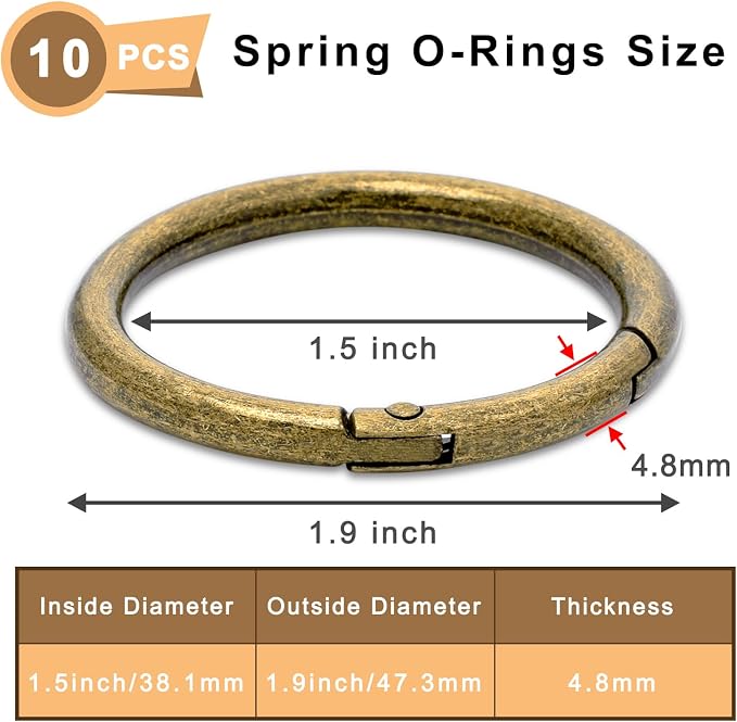CooBigo 10Pack 1-1/2"" Large Round Carabiner Clips, Metal Spring O Rings for Organizer Key Rings, Paracord Keychain Lanyard, Pet Chains, Purse Hardware, Key Snap Hooks DIY Accessory (Bronze)