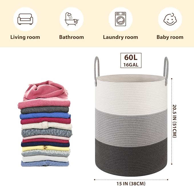 OIAHOMY 60L Nursery Hamper Laundry Basket Laundry Hamper Gradient Grey | collapsible Blanket Basket Cotton Rope Woven Basket Dirty Clothes Hamper Baby Hamper Tall Clothes Hamper with Handles