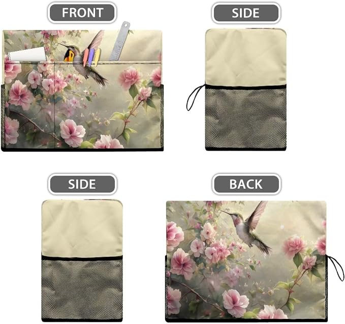 Hummingbird Flower Patterned Sewing Machine Cover Fit Standard Sewing Machines, Features a Convenient Mesh Pocket for Accessories, Adds a Touch of Spring Flair to Your Sewing Space