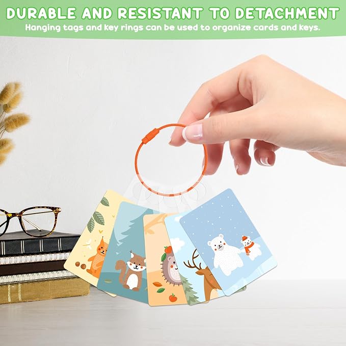 Holder for Cards Rings and Tabs, 100 PCS Clear Self Adhesive Hanging Tabs with 10 Metal Rings, Plastic Sticky Hang Tags for Retail Display, Card Accessories Organizer for Storage and Display