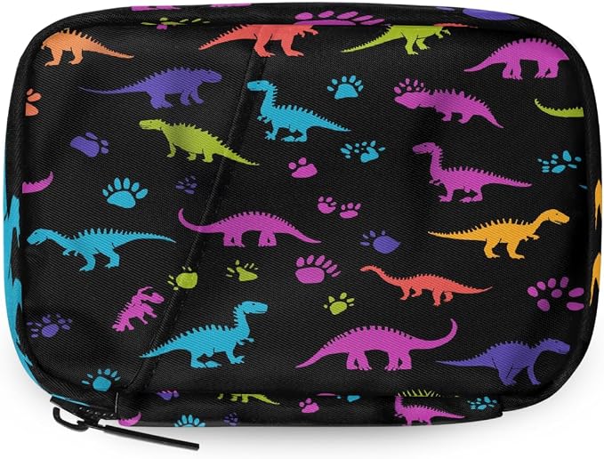 Weekly Pill Organizer Travel Size Bag with Removable 7 Day Pill Box Portable Vitamin Case Purse with Zipper,Colorful Dinosaurs Black Pattern