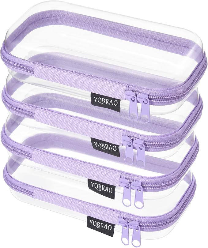 YQBRAO Clear Hard Shell Zipper Cases, 4 Small Cable Organizers, Purple | Rigid 1.2 mm PET and YKK dual zippers for cosmetics, charging cords, pens and travel accessories