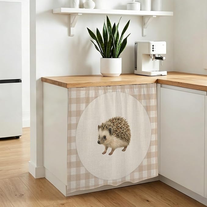Hedgehog Cabinet Dishwasher Hidden Curtains, Privacy Closet Door Curtain, Vintage Farmhouse Linen Plaid Rustic Animal Adhesive Dust Proof Under Sink Skirt for Bathroom Kitchen 35"x35"