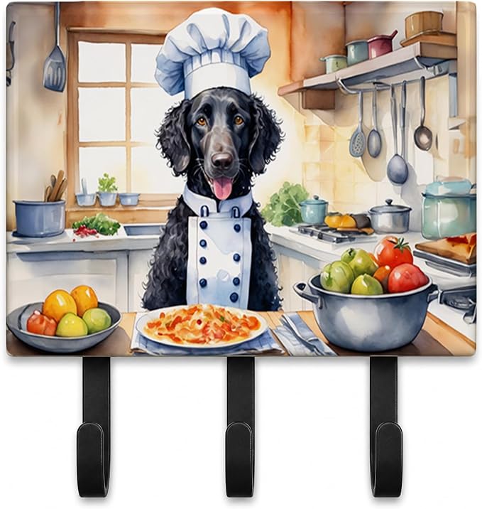 Caroline's Treasures Curly-Coated Retriever The Chef Leash or Key Holder Wall Hooks, Key Hooks Holder, Coat Rack Wall Mount, Coat Hooks, Hooks for Hanging Keys, Towels, Aprons, Leashes | Curly-Coated Retriever The Chef artwork on ceramic tile with thre...