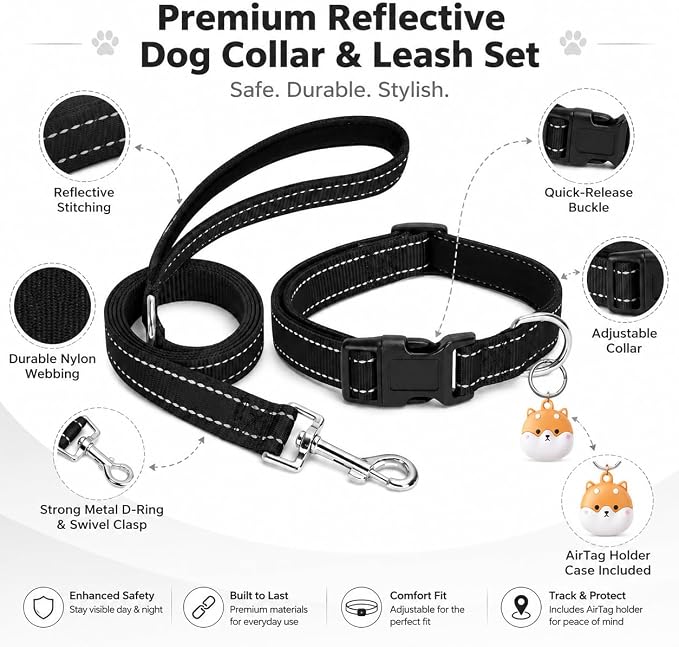 Reflective Soft Neoprene Padded Matching Dog Collar with Leash Airtag Holder Case Set Safety Breathable Adjustable Nylon Dog Collars for X-Small Small Medium Large Dogs-Black-M
