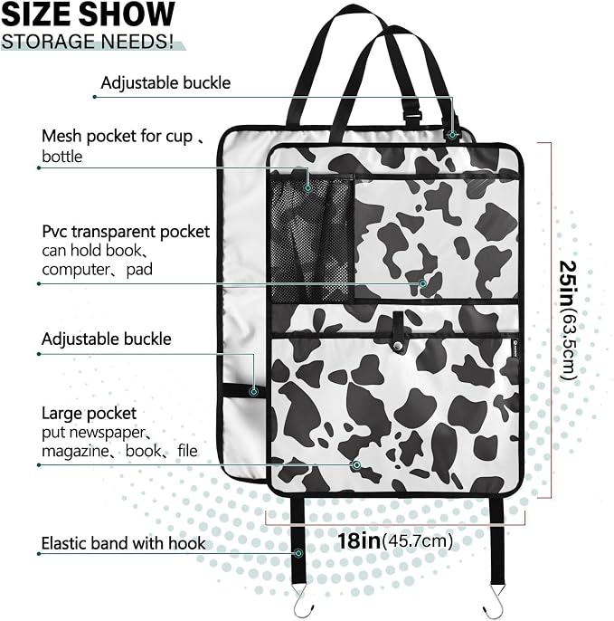 JIPONI Car Backseat Organizer, Cow Print 3 Automotive Back Seat Protector, Kick Mats with Storage Pockets for Kids Pets, Road Trip Accessories (2 Pack) | Automotive Back Seat Protector, Kick Mats with Storage Pockets, For Kids Pets, Road Trip Accessories
