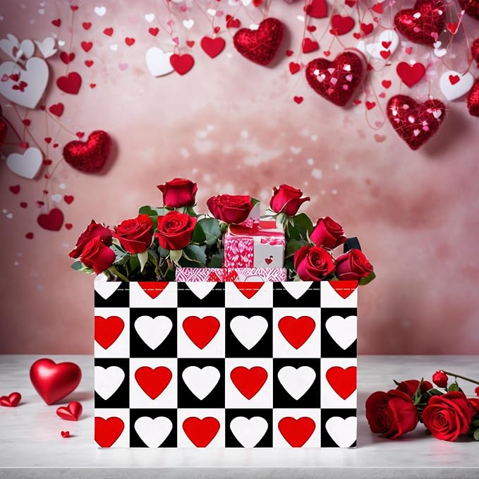 Cute Large Valentine's Day Gift Basket Empty Heart Decor Storage Bin for Kid Baby Room Décor (Checkered Red and White)