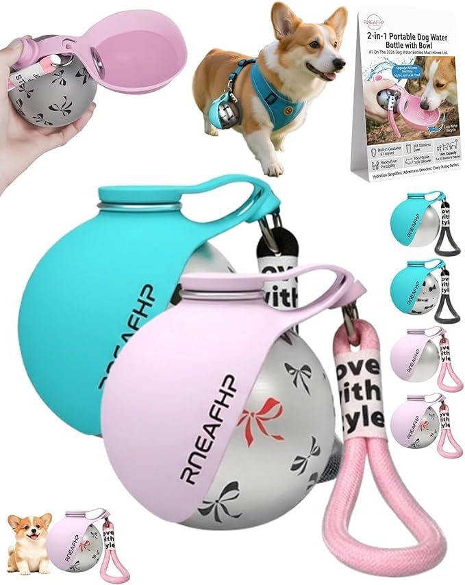 Dog Water Bottle with Bowl 2-in-1 Portable Leak Proof 10 OZ Puppy Travel Drink Dispenser for Large Medium Small Breeds Stainless Steel Hydration Tumbler Buddy Cup for Dogs Pets Outdoor(2MIX B)