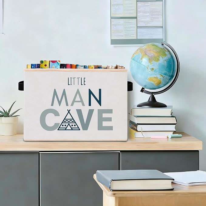 Little Man Cave Storage Bin, Foldable Fabric Basket for Boys Nursery | Foldable fabric storage bin with little man cave design for toys, books, clothes, nursery, bedroom, and playroom use.