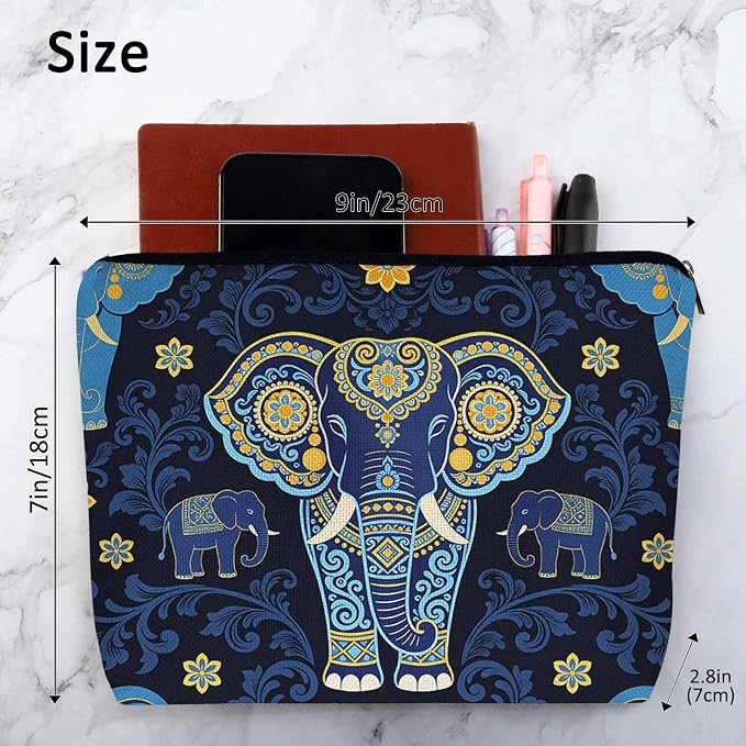 Elephant Makeup Bag - Adorable Cosmetic Bag, Day Of The Dead Sugar Skull Elephant Blue Zipper Bag Travel Toiletry Organizer Pouch For Gym Bathroom