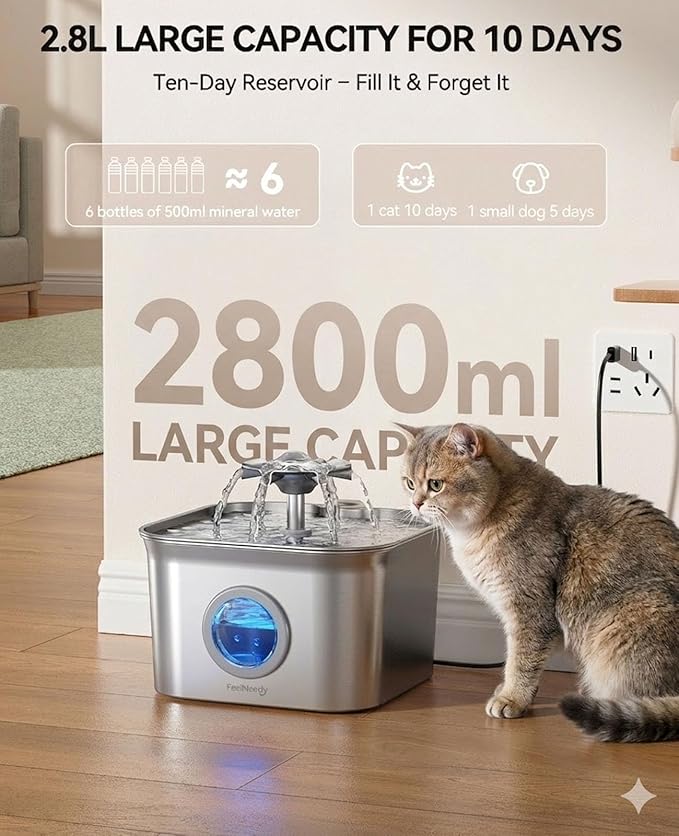 Stainless Steel Cat Water Fountain, 99oz/2.8L Auto Pet Drinking Fountain with 20dB Ultra-Quiet Pump- Ideal for Timid Pets, LED Water Level Window, Dishwasher Safe, 24/7 Circulating Flow - FEELNEEDY