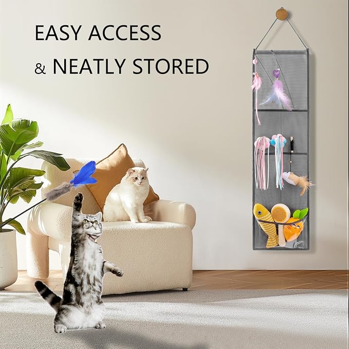 Hanging Cat Wand Holder and Kitten Stick Toy Storage Bag - Accessories Organizer for Indoor Cats (Fabric Pockets)